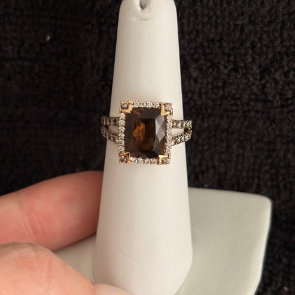 LeVian 14K Yellow Gold Brown Cushion Smoky Quartz Diamond Ring